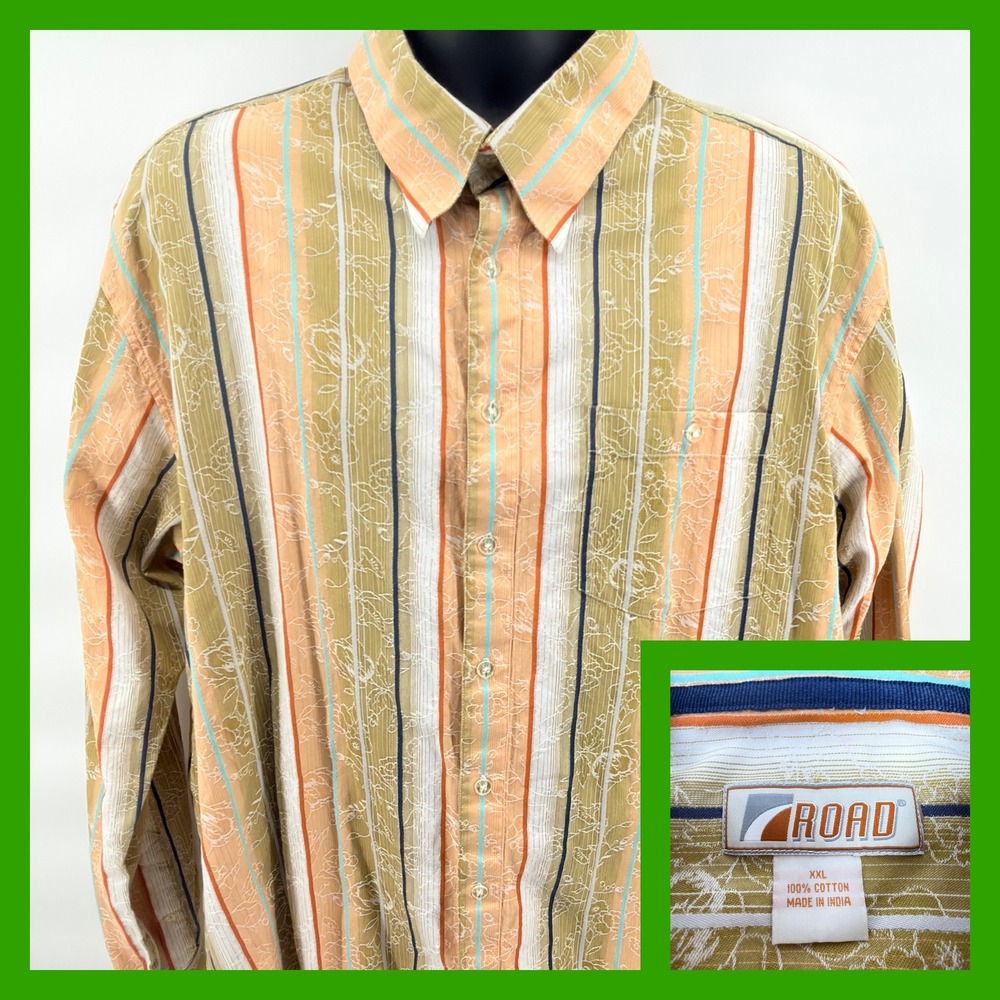 ROAD Mens XXL Button Front Shirt Striped Floral Jacquard Textured Cotton LS